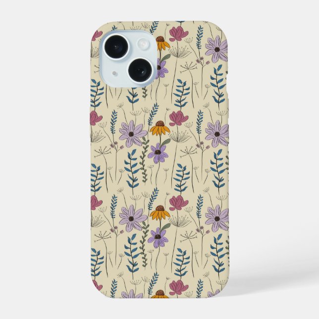 Whimsical Wildflower Seamless Pattern iPhone 15 Case (Back)