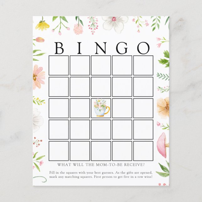 Whimsical Wildflower Tea Baby Bingo Game Card (Front)
