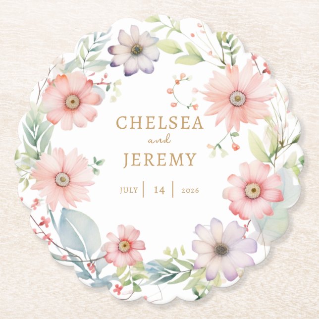 Whimsical Wildflower Watercolor Design Wedding Paper Coaster (Front)