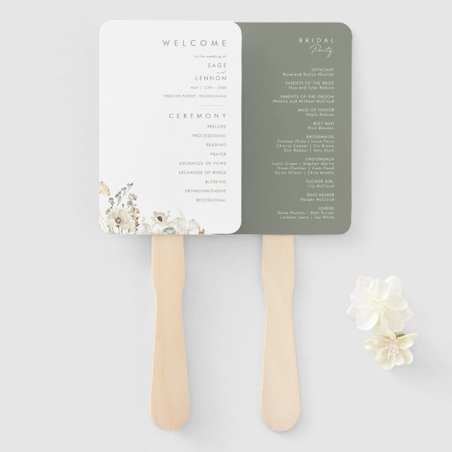 Whimsical Wildflower Wedding Program Hand Fan (Front and Back)