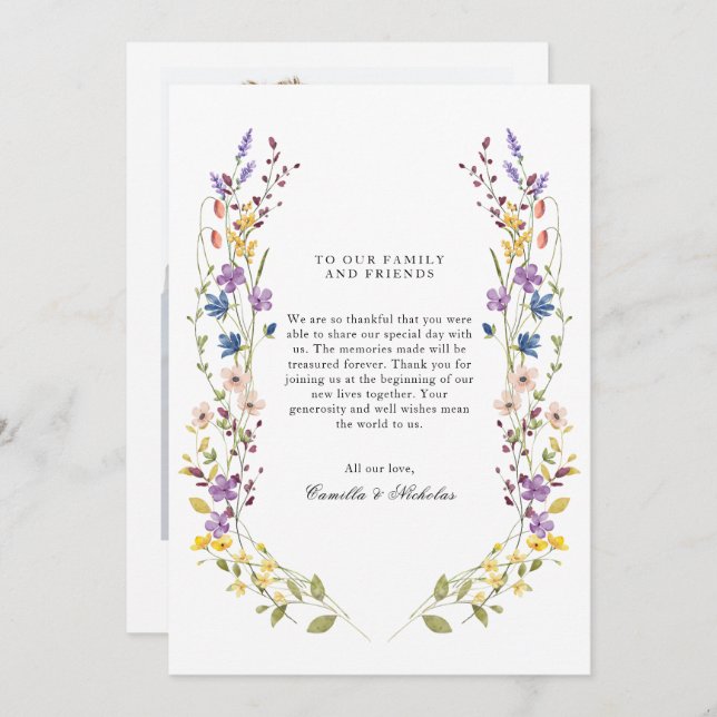 Whimsical Wildflower Wreath Photo Wedding Thank You Card (Front/Back)