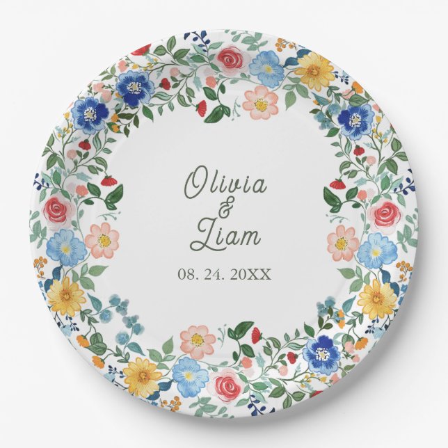 Whimsical Wildflowers Floral Garden Wedding Paper Plate (Front)
