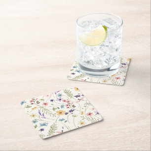 Whimsical Wildflowers Meadow Wedding Square Paper Coaster