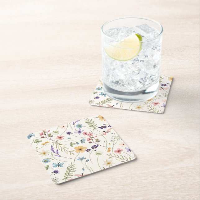 Whimsical Wildflowers Meadow Wedding  Square Paper Coaster (Insitu)