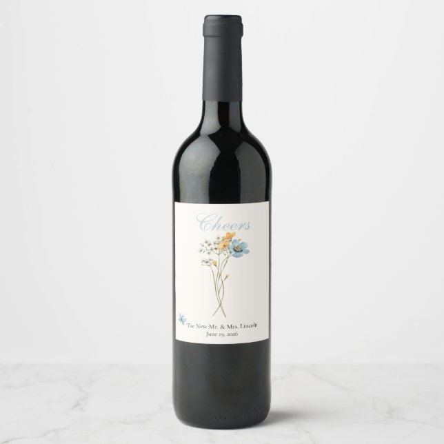 Whimsical Wildflowers Meadow Wedding Wine Label (Front)