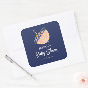 Whimsical Wildflowers & Pink Umbrella Baby Shower Square Sticker
