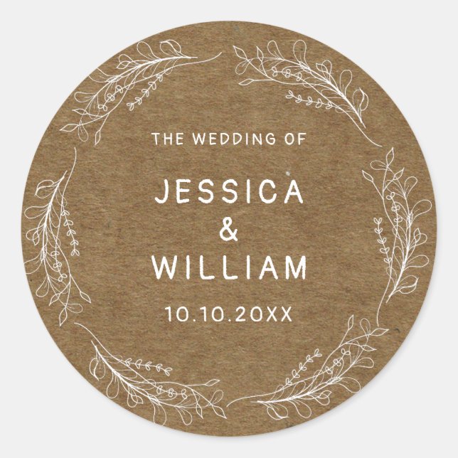 Whimsical Wildflowers Wedding Birthday Faux Kraft Classic Round Sticker (Front)