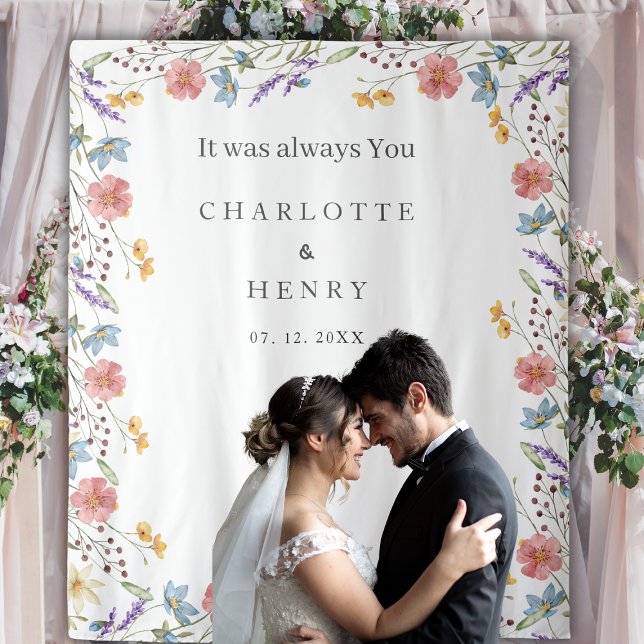 Whimsical Wildflowers Wedding Photo Backdrop Tapestry (Creator Uploaded)