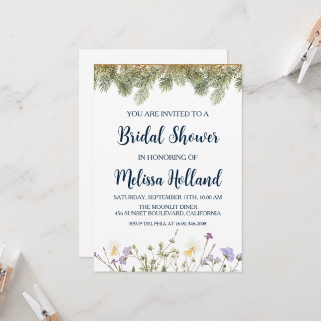 Whimsical wildflowers winter bridal shower invitation (Front/Back In Situ)
