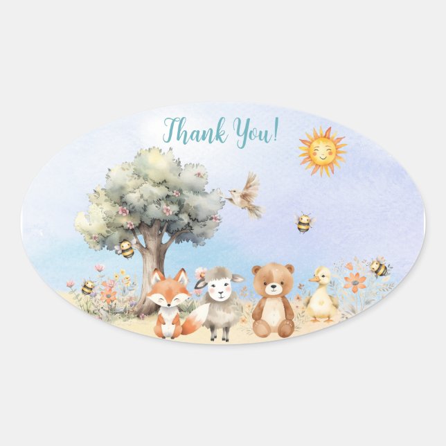 Whimsical Wildlife Animals Baby Shower Oval Sticker (Front)