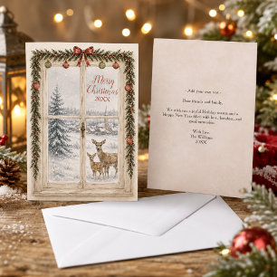 Whimsical Window Snow Scene Reindeer Christmas Holiday Card