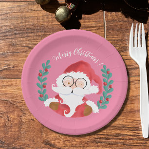 Whimsical Winking Santa Pink Christmas Paper Plate