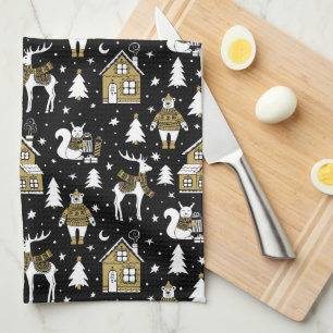Whimsical Winter Animal Town  Tea Towel