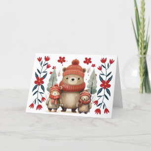 Whimsical Winter Bears & Florals Christmas Card
