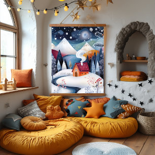 Whimsical Winter Cabin Artwork Hanging Tapestry