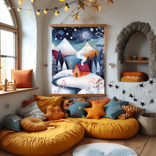 Whimsical Winter Cabin Artwork Hanging Tapestry (Creator Uploaded)