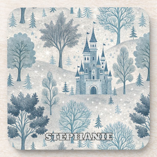 Whimsical Winter Castle Landscape in Blue & Grey Coaster (Front)
