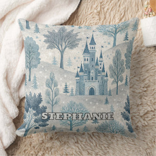 Whimsical Winter Castle Landscape in Blue & Grey Cushion