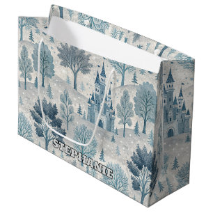 Whimsical Winter Castle Landscape in Blue & Grey Large Gift Bag