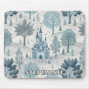 Whimsical Winter Castle Landscape in Blue & Grey Mouse Mat