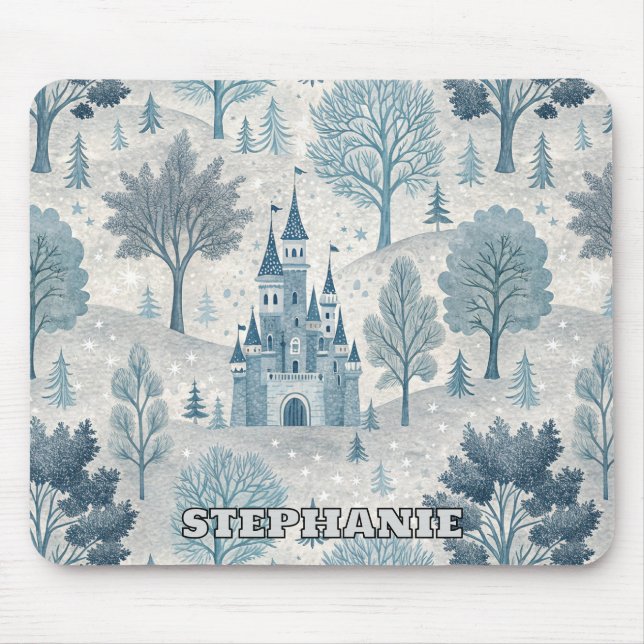 Whimsical Winter Castle Landscape in Blue & Grey Mouse Mat (Front)