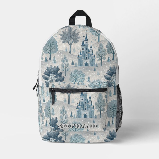 Whimsical Winter Castle Landscape in Blue & Grey Printed Backpack (Front)