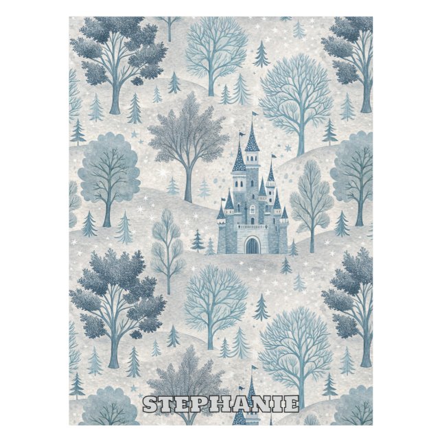 Whimsical Winter Castle Landscape in Blue & Grey Tablecloth (Front)