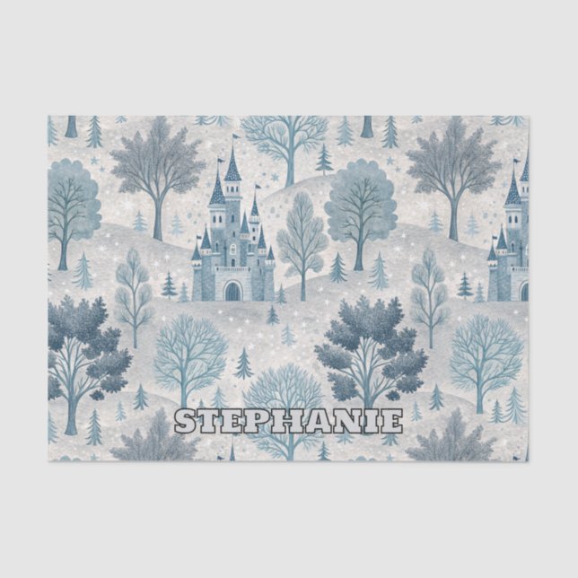 Whimsical Winter Castle Landscape in Blue & Grey Tissue Paper (Front)