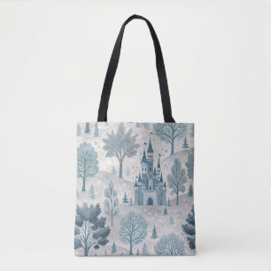 Whimsical Winter Castle Landscape in Blue & Grey Tote Bag