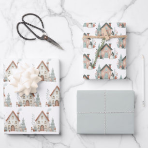 Whimsical Winter Christmas House Watercolor Wrapping Paper Sheet