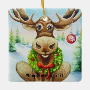 Whimsical Winter Christmas Moose Watercolor Art Ceramic Ornament
