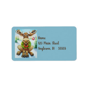 Whimsical Winter Christmas Moose Watercolor Art Label