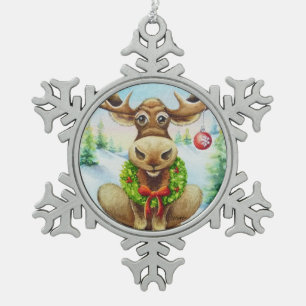 Whimsical Winter Christmas Moose Watercolor Art Snowflake Pewter Christmas Ornament