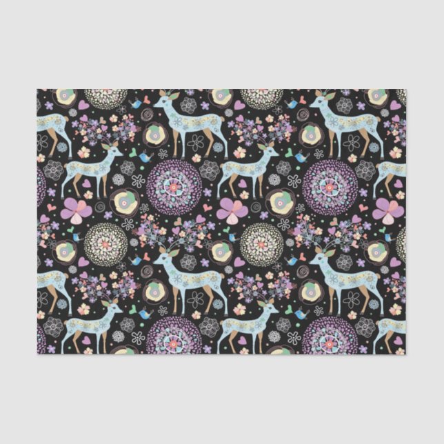 Whimsical Winter Deer and Snowflakes Pattern Black Tissue Paper (Front)