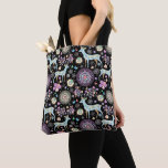 Whimsical Winter Deer and Snowflakes Pattern Black Tote Bag<br><div class="desc">Decorative winter deer floral and snowflakes pattern.</div>