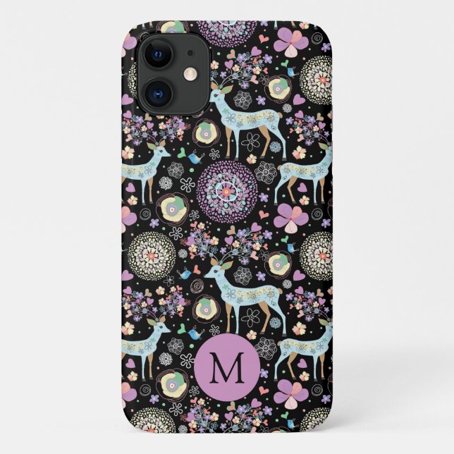 Whimsical Winter Deer Snowflakes Pattern Monogram Case-Mate iPhone Case (Back)