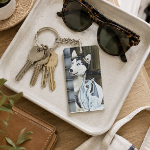 Whimsical Winter Fantasy Husky Dog Dragon Castle Key Ring