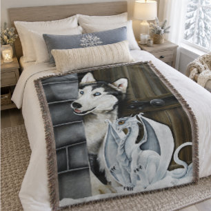 Whimsical Winter Fantasy Husky Dog Dragon Castle Throw Blanket