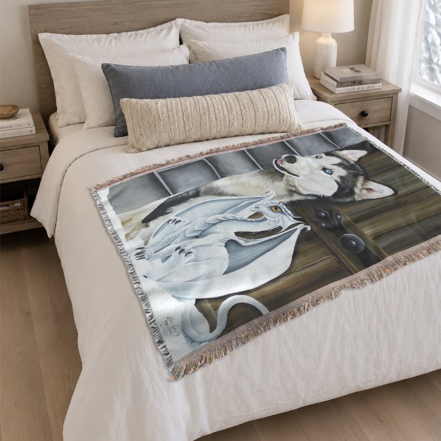 Whimsical Winter Fantasy Husky Dog Dragon Castle Throw Blanket (Creator Uploaded)