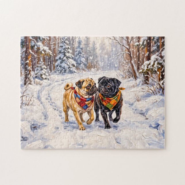 Whimsical Winter Forest Mops Dog Illustration Jigsaw Puzzle (Horizontal)