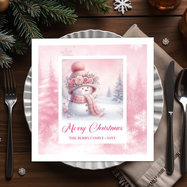 Whimsical Winter Forest Pink Snowman Christmas  Napkin (Whimsical Winter Forest Pink Snowman Christmas Napkins)