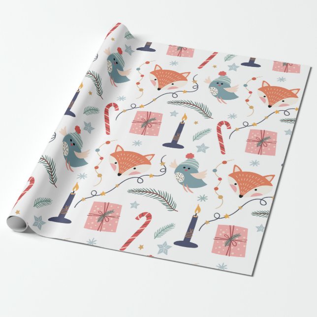 Whimsical Winter Fox & Bird Holiday Pattern Wrapping Paper (Unrolled)