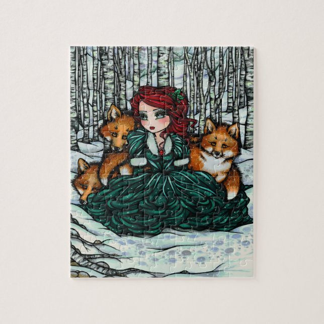 Whimsical Winter Fox Forest Christmas Fantasy Art Jigsaw Puzzle (Vertical)