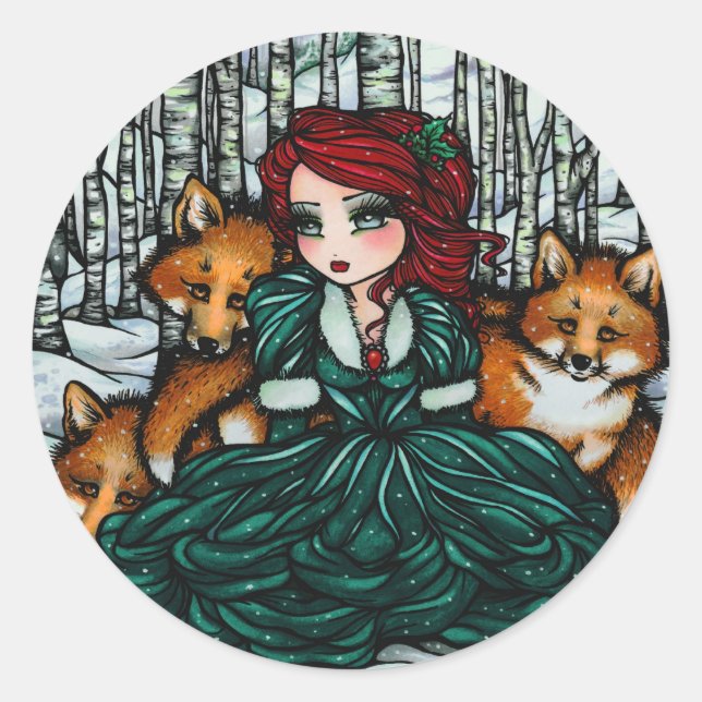 Whimsical Winter Fox Trees Fantasy Fairy Comic Art Classic Round Sticker (Front)