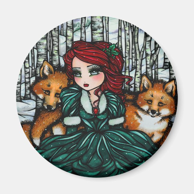 Whimsical Winter Foxes Forest Art by Hannah Lynn Magnet (Front)