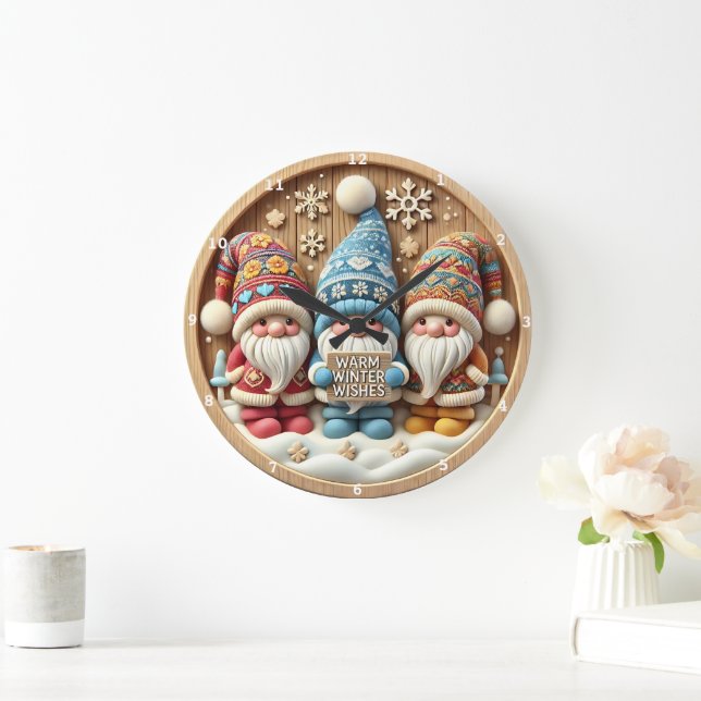 Whimsical Winter Gnomes" - Festive Wooden Wall Large Clock (Home)
