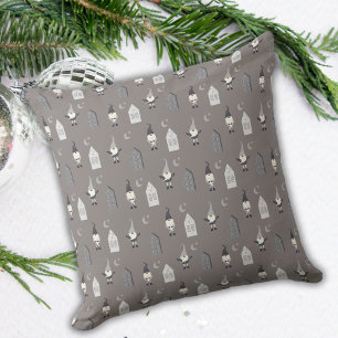 Whimsical Winter Gnomes, Houses and Moon Grey Cushion