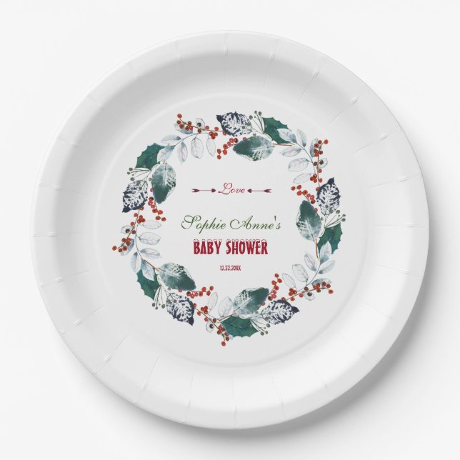 Whimsical Winter Holy Berries Wreath Baby Shower Paper Plate (Front)