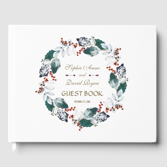 Whimsical Winter Holy Berries Wreath Wedding Guest Book (Front)