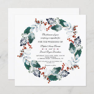 Whimsical Winter Holy Berries Wreath  Wedding Invitation